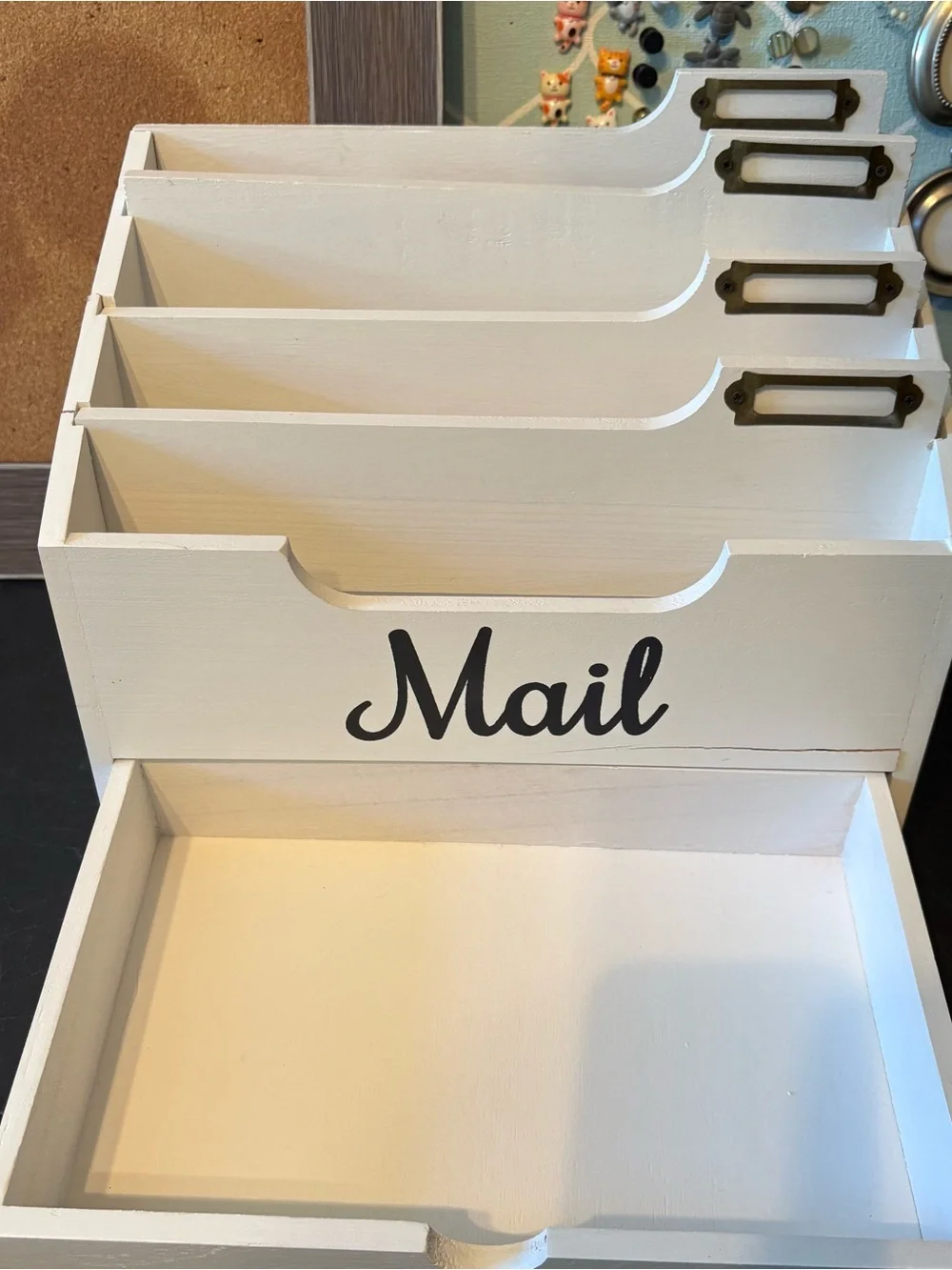 White wooden rustic mail organizer w/2 cork boards random push pins bundle